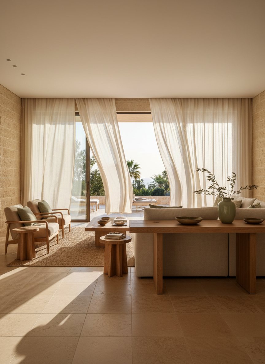 Salón mediterráneo contemporáneo diseñado por MOON Studio en Marbella